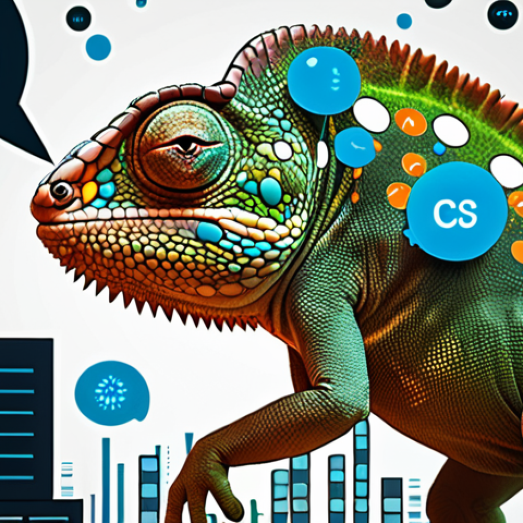 ** A chameleon skillfully blending into a complex corporate landscape, surrounded by data visualizations, AI icons, and communication bubbles representing diverse stakeholders. This visually represents the Business Analyst's adaptability, data proficiency, and communication skills. Style: Modern, slightly abstract illustration.

**