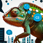 ** A chameleon skillfully blending into a complex corporate landscape, surrounded by data visualizations, AI icons, and communication bubbles representing diverse stakeholders. This visually represents the Business Analyst's adaptability, data proficiency, and communication skills. Style: Modern, slightly abstract illustration.

**