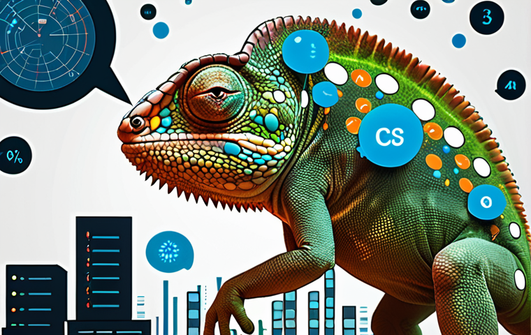 ** A chameleon skillfully blending into a complex corporate landscape, surrounded by data visualizations, AI icons, and communication bubbles representing diverse stakeholders. This visually represents the Business Analyst's adaptability, data proficiency, and communication skills. Style: Modern, slightly abstract illustration.
**