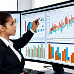 **A business analyst in a modern office setting, surrounded by data visualizations (charts, graphs) on multiple monitors. They are collaborating with team members, pointing at a process flow diagram projected on a whiteboard. Focus on analytical thinking and teamwork.**
