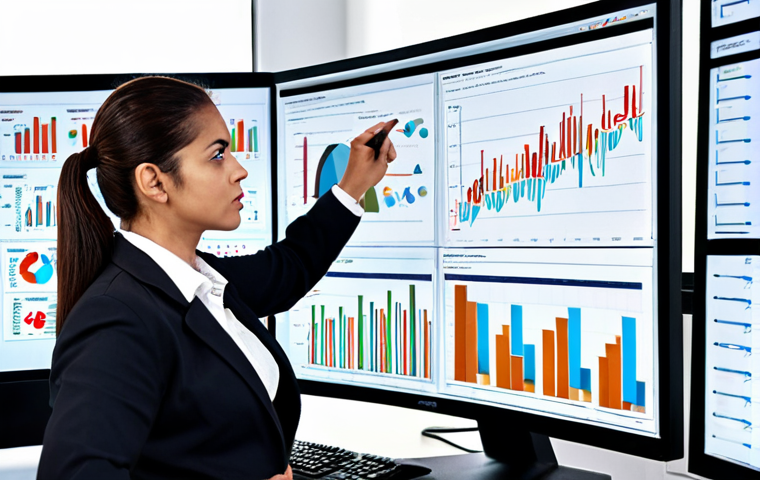 **A business analyst in a modern office setting, surrounded by data visualizations (charts, graphs) on multiple monitors. They are collaborating with team members, pointing at a process flow diagram projected on a whiteboard. Focus on analytical thinking and teamwork.**