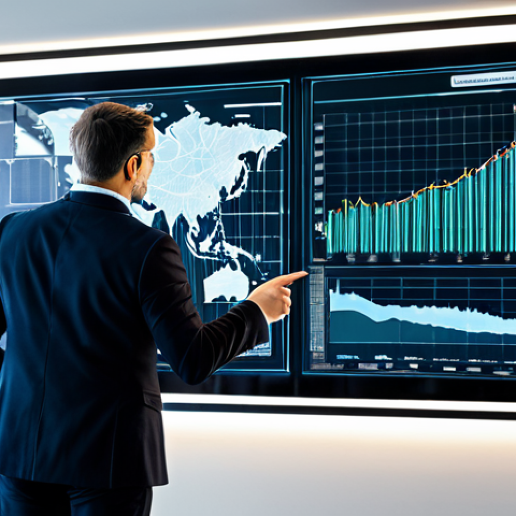 A highly professional business analyst in a modest business suit, fully clothed, standing confidently in a modern office with large transparent screens displaying dynamic data visualizations and complex algorithms. The analyst is pointing thoughtfully at a holographic chart, embodying the role of an architect of value and navigator of data. Perfect anatomy, correct proportions, natural pose, well-formed hands, proper finger count. High-quality professional photography, safe for work, appropriate content, family-friendly.