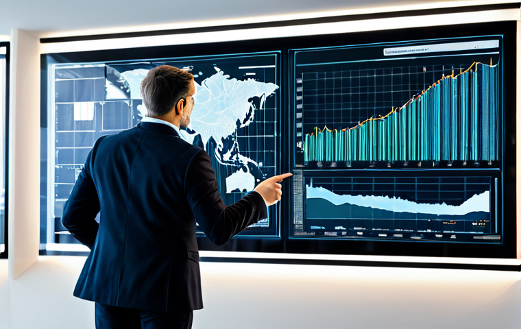A highly professional business analyst in a modest business suit, fully clothed, standing confidently in a modern office with large transparent screens displaying dynamic data visualizations and complex algorithms. The analyst is pointing thoughtfully at a holographic chart, embodying the role of an architect of value and navigator of data. Perfect anatomy, correct proportions, natural pose, well-formed hands, proper finger count. High-quality professional photography, safe for work, appropriate content, family-friendly.