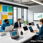 비즈니스 애널리스트 업무 분석 방법 - A modern office environment with a diverse group of business analysts and managers collaborating aro...