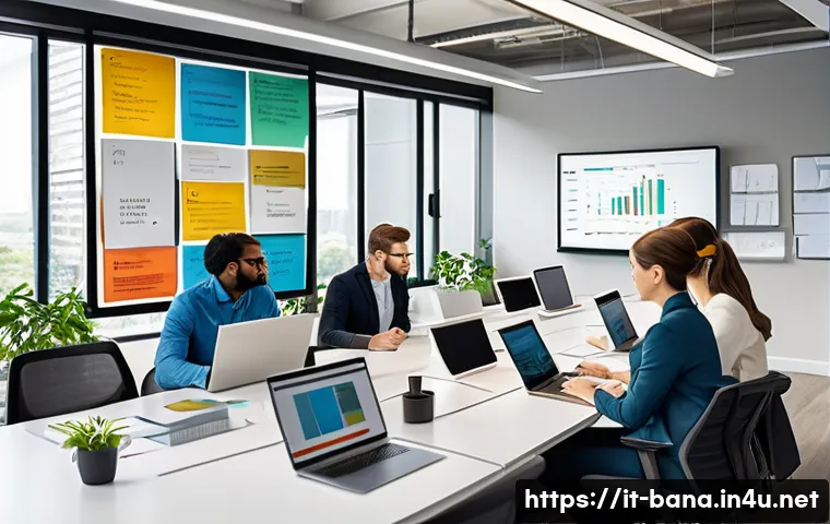 비즈니스 애널리스트 업무 분석 방법 - A modern office environment with a diverse group of business analysts and managers collaborating aro...