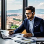 비즈니스 애널리스트 경력 이직 준비 - A modern Italian business analyst working in a stylish Milanese office, analyzing complex data dashb...