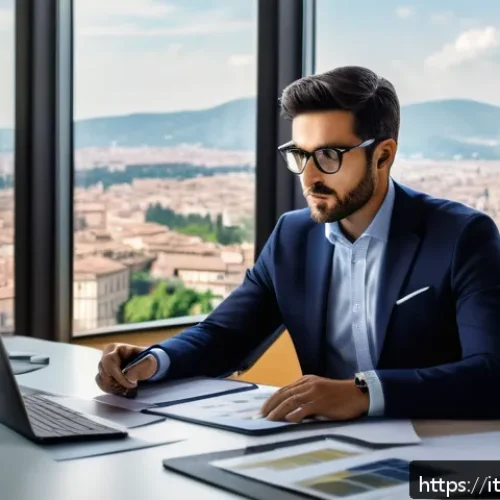 비즈니스 애널리스트 경력 이직 준비 - A modern Italian business analyst working in a stylish Milanese office, analyzing complex data dashb...