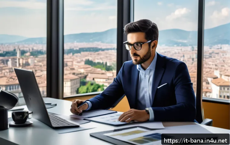 비즈니스 애널리스트 경력 이직 준비 - A modern Italian business analyst working in a stylish Milanese office, analyzing complex data dashb...