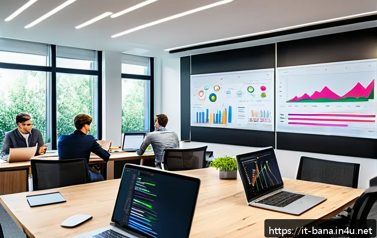 비즈니스 애널리스트 업무 흐름 최적화 - A modern office environment with a diverse team of business analysts collaborating around a large ta...