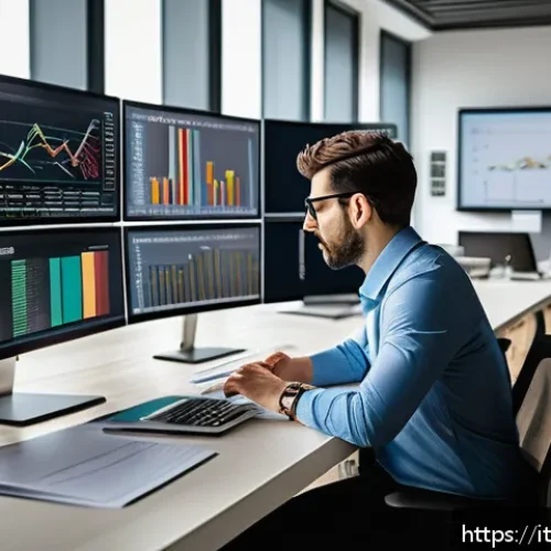 비즈니스 애널리스트 직무 분석 - A modern Italian office environment with a professional Business Analyst working at a sleek desk, su...