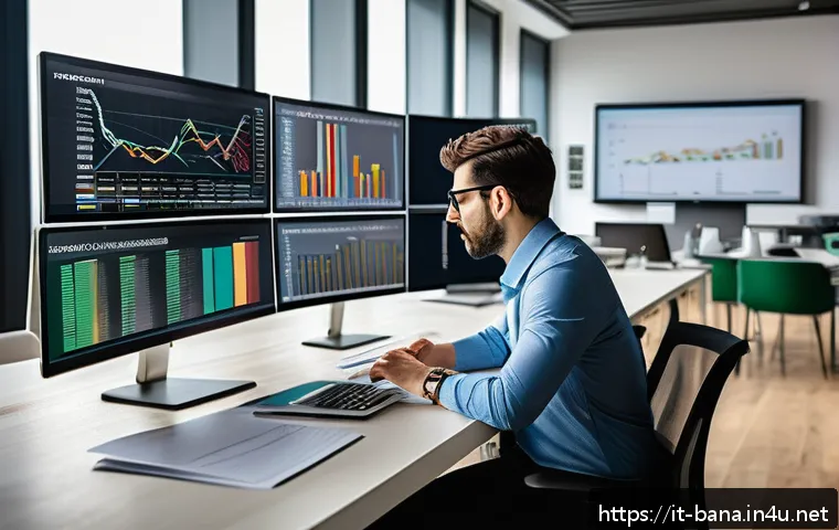 비즈니스 애널리스트 직무 분석 - A modern Italian office environment with a professional Business Analyst working at a sleek desk, su...