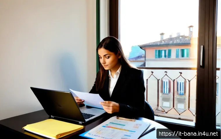 Home 17 비즈니스 애널리스트 취업 준비 - Photorealistic Italian business analyst job preparation scene, confident young professional seated a...