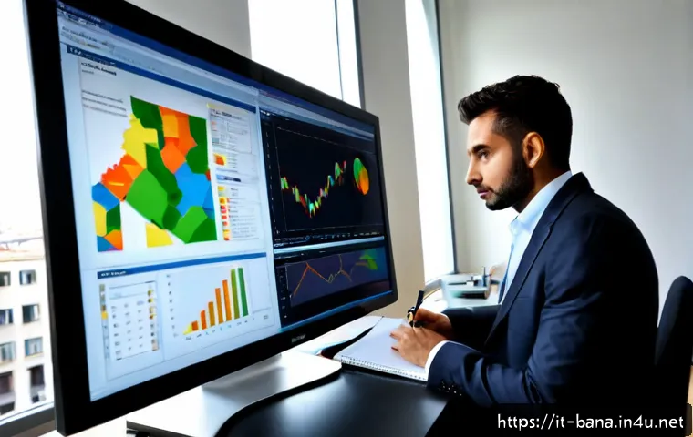 비즈니스 애널리스트 업무 패턴 분석 - Photorealistic business analyst in a modern Milan office, reviewing workflow patterns on a large mon...